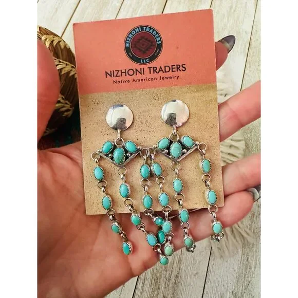 Handcrafted Turquoise & Sterling Silver Chandelier Dangle Earrings